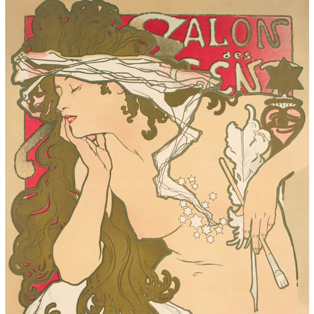 Affiche Art Nouveau Originale, Alphonse Mucha, Salon des Cent, La Plume, Exposition, Femme, Nu, Cheveux, Chevelure, Décor, Flore, Fleurs, Etoile, Allégorie, Belle Epoque, 1896 4