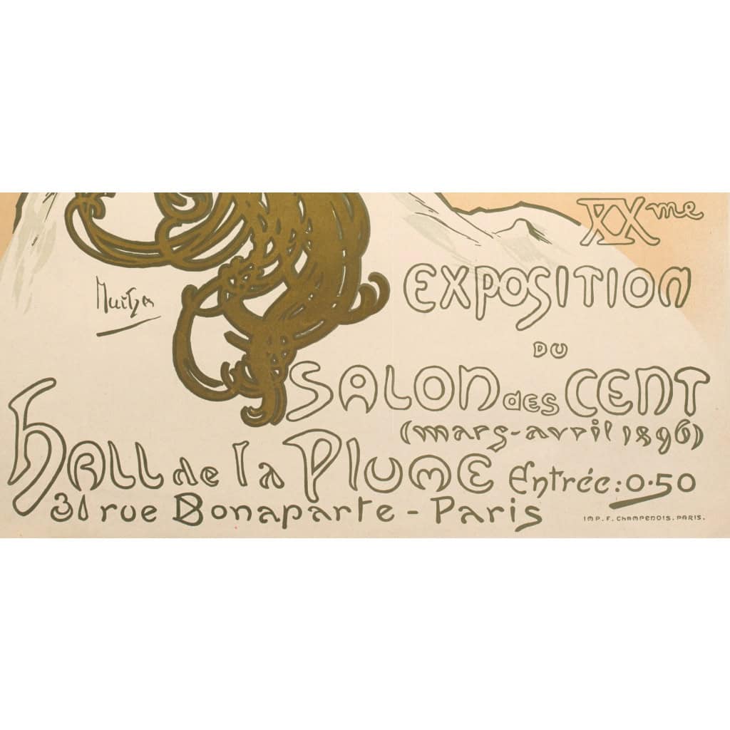 Affiche Art Nouveau Originale, Alphonse Mucha, Salon des Cent, La Plume, Exposition, Femme, Nu, Cheveux, Chevelure, Décor, Flore, Fleurs, Etoile, Allégorie, Belle Epoque, 1896 7