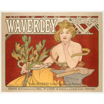 Affiche Art Nouveau Originale, Alphonse Mucha, Waverley Cycles, Femme, Forgeron, Nu, Cheveux, Chevelure, Cyclisme, Cycliste, Bicyclette, Vélo, Laurier, Marteau, Enclume, Allégorie, Belle Epoque, 1898