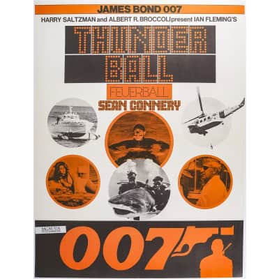 Affiche Cinéma Originale, James Bond, 007, Thunder Ball, Opération Tonnerre, Sean Connery, Ian Fleming, Pistolet, Agent, Espion, Espionnage, Bateau, Hélicoptère, Requin, Spectre, Film, Gadget c.1980