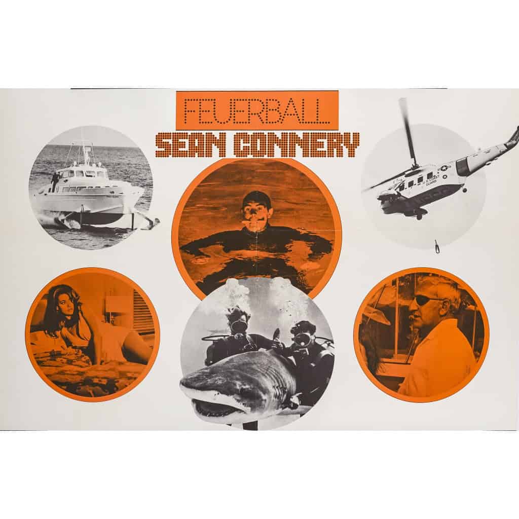Affiche Cinéma Originale, James Bond, 007, Thunder Ball, Opération Tonnerre, Sean Connery, Ian Fleming, Pistolet, Agent, Espion, Espionnage, Bateau, Hélicoptère, Requin, Spectre, Film, Gadget c.1980 5