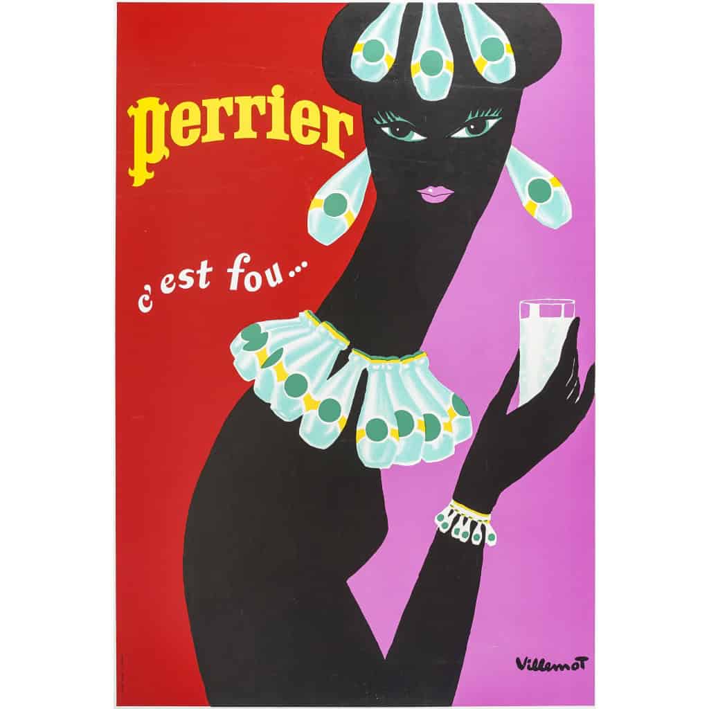 Affiche Originale, Bernard Villemot, Perrier C’est Fou, Eau Minérale Gazeuse, Boisson, Bouteille, Verre, Femme, Collier, Boucle d’Oreille, Bracelet, c.1980 3