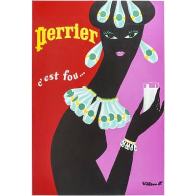 Affiche Originale, Bernard Villemot, Perrier C’est Fou, Eau Minérale Gazeuse, Boisson, Bouteille, Verre, Femme, Collier, Boucle d’Oreille, Bracelet, c.1980