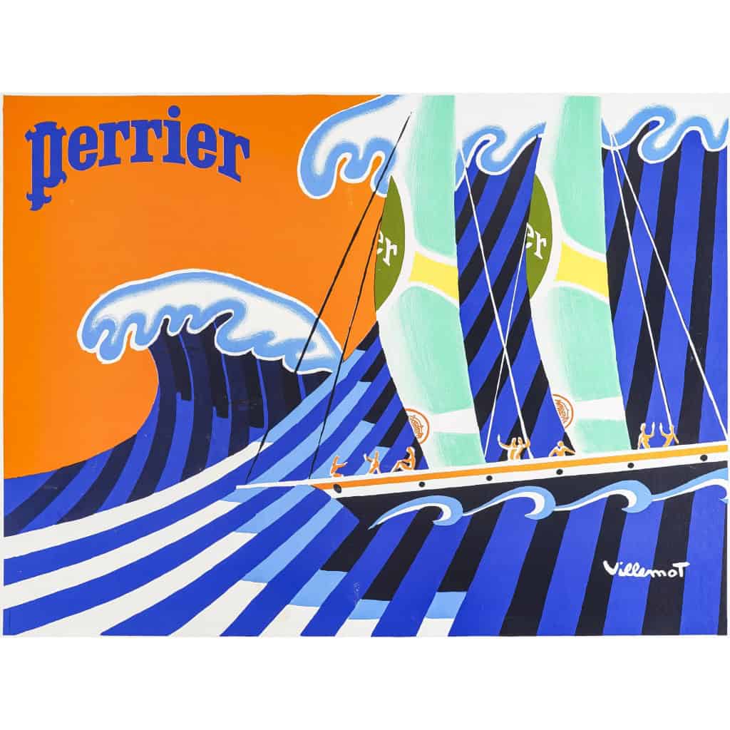 Affiche Originale, Bernard Villemot, Perrier, Eau Minérale Gazeuse, Boisson, Bouteille, Bateau, Mer, Voilier, Vague, Hokusai, c.1980 3