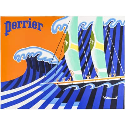 Affiche Originale, Bernard Villemot, Perrier, Eau Minérale Gazeuse, Boisson, Bouteille, Bateau, Mer, Voilier, Vague, Hokusai, c.1980