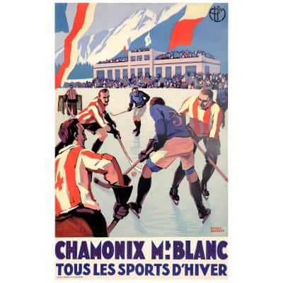 Affiche Art Déco Originale, Roger Broders, Chamonix, Mont-Blanc, Sports d’Hiver, Voyage, Transport, Tourisme, Hiver, Montagne, Massif, Alpes, Neige, Alpin, Patinoire, Hockey sur Glace, Hockeyeur, Patin, Crosse, Palet, Championnat du Monde, Train, PLM, Paris, Lyon, Méditerranée, 1930