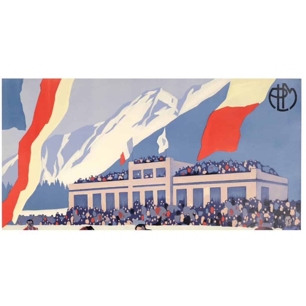 Affiche Art Déco Originale, Roger Broders, Chamonix, Mont-Blanc, Sports d’Hiver, Voyage, Transport, Tourisme, Hiver, Montagne, Massif, Alpes, Neige, Alpin, Patinoire, Hockey sur Glace, Hockeyeur, Patin, Crosse, Palet, Championnat du Monde, Train, PLM, Paris, Lyon, Méditerranée, 1930 4