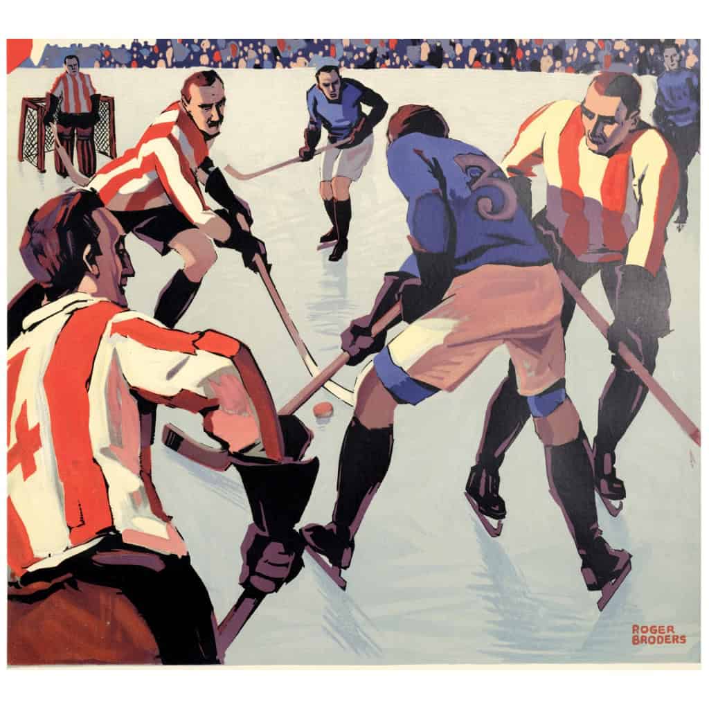 Affiche Art Déco Originale, Roger Broders, Chamonix, Mont-Blanc, Sports d’Hiver, Voyage, Transport, Tourisme, Hiver, Montagne, Massif, Alpes, Neige, Alpin, Patinoire, Hockey sur Glace, Hockeyeur, Patin, Crosse, Palet, Championnat du Monde, Train, PLM, Paris, Lyon, Méditerranée, 1930 5