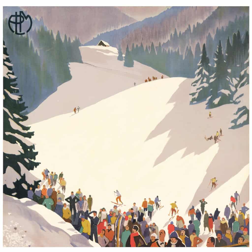 Affiche Art Déco Originale, Roger Broders, St Pierre de Chartreuse, Voyage, Transport, Tourisme, Hiver, Montagne, Massif, Neige, Sapin, Alpin, Chalet, Piste, Ski, Skieur, Bobsleigh, Descente, Train, PLM, Paris, Lyon, Méditerranée, Auvergne, Bob de Perquelin, 1930 4