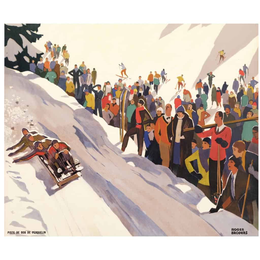 Affiche Art Déco Originale, Roger Broders, St Pierre de Chartreuse, Voyage, Transport, Tourisme, Hiver, Montagne, Massif, Neige, Sapin, Alpin, Chalet, Piste, Ski, Skieur, Bobsleigh, Descente, Train, PLM, Paris, Lyon, Méditerranée, Auvergne, Bob de Perquelin, 1930 5