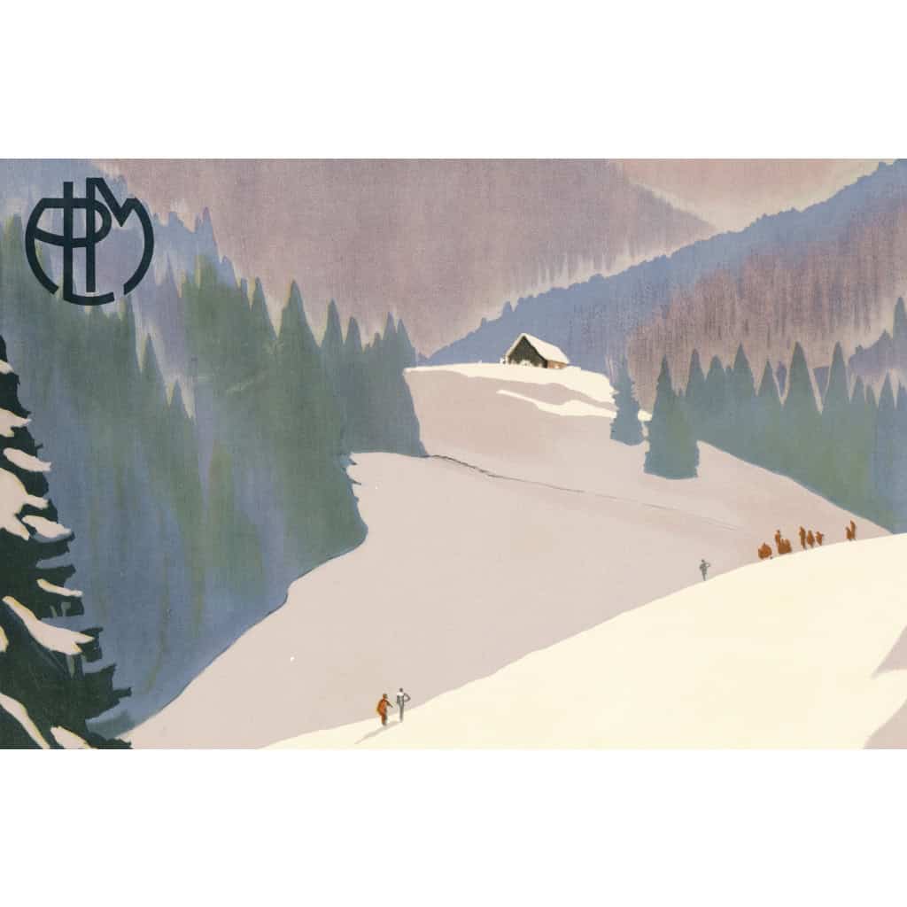Affiche Art Déco Originale, Roger Broders, St Pierre de Chartreuse, Voyage, Transport, Tourisme, Hiver, Montagne, Massif, Neige, Sapin, Alpin, Chalet, Piste, Ski, Skieur, Bobsleigh, Descente, Train, PLM, Paris, Lyon, Méditerranée, Auvergne, Bob de Perquelin, 1930 7