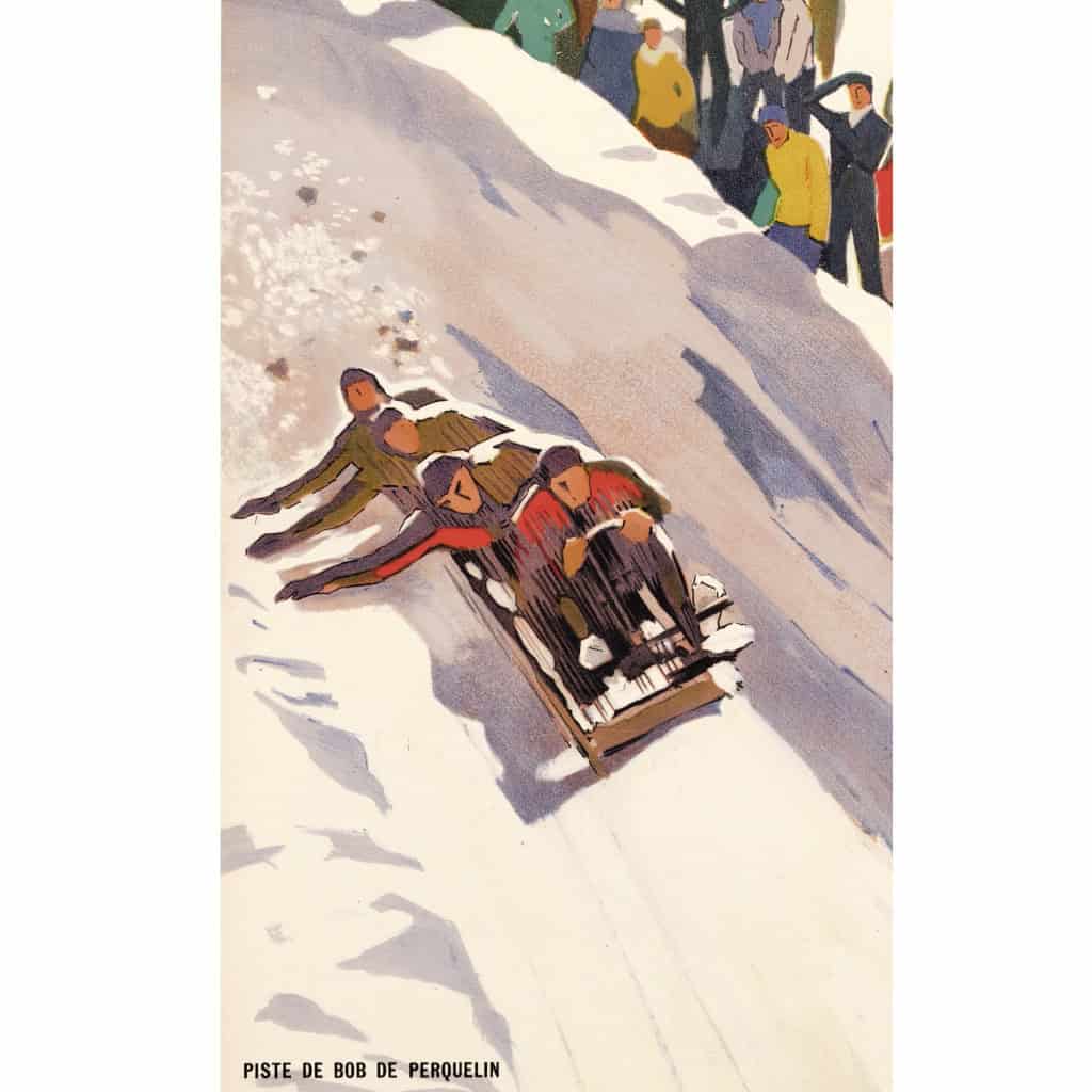 Affiche Art Déco Originale, Roger Broders, St Pierre de Chartreuse, Voyage, Transport, Tourisme, Hiver, Montagne, Massif, Neige, Sapin, Alpin, Chalet, Piste, Ski, Skieur, Bobsleigh, Descente, Train, PLM, Paris, Lyon, Méditerranée, Auvergne, Bob de Perquelin, 1930 9