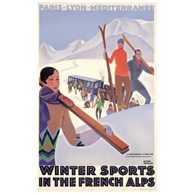 Affiche Art Déco Originale, Roger Broders, Winter Sports in the French Alps, Voyage, Transport, Tourisme, Hiver, Montagne, Massif, Mont-Blanc, Alpes, Neige, Alpin, Piste, Ski, Skieur, Train, PLM, Paris, Lyon, Méditerranée, Savoie, Col de Voza, 1929