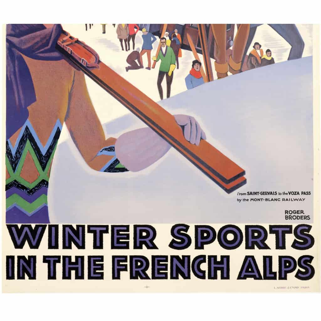 Affiche Art Déco Originale, Roger Broders, Winter Sports in the French Alps, Voyage, Transport, Tourisme, Hiver, Montagne, Massif, Mont-Blanc, Alpes, Neige, Alpin, Piste, Ski, Skieur, Train, PLM, Paris, Lyon, Méditerranée, Savoie, Col de Voza, 1929 5