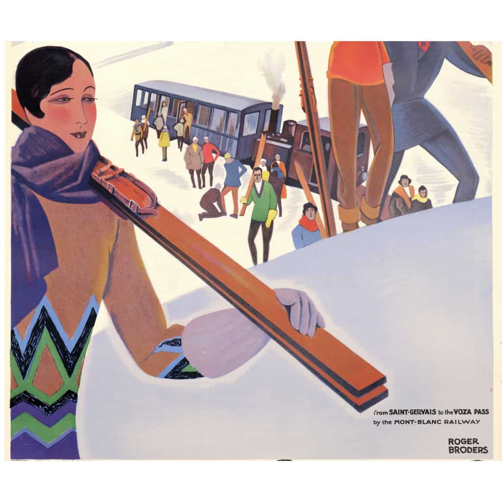 Affiche Art Déco Originale, Roger Broders, Winter Sports in the French Alps, Voyage, Transport, Tourisme, Hiver, Montagne, Massif, Mont-Blanc, Alpes, Neige, Alpin, Piste, Ski, Skieur, Train, PLM, Paris, Lyon, Méditerranée, Savoie, Col de Voza, 1929 7