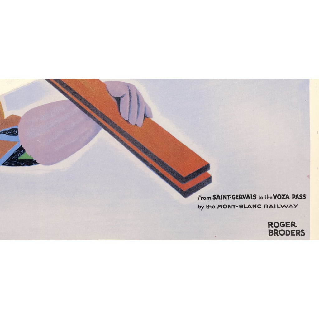 Affiche Art Déco Originale, Roger Broders, Winter Sports in the French Alps, Voyage, Transport, Tourisme, Hiver, Montagne, Massif, Mont-Blanc, Alpes, Neige, Alpin, Piste, Ski, Skieur, Train, PLM, Paris, Lyon, Méditerranée, Savoie, Col de Voza, 1929 8
