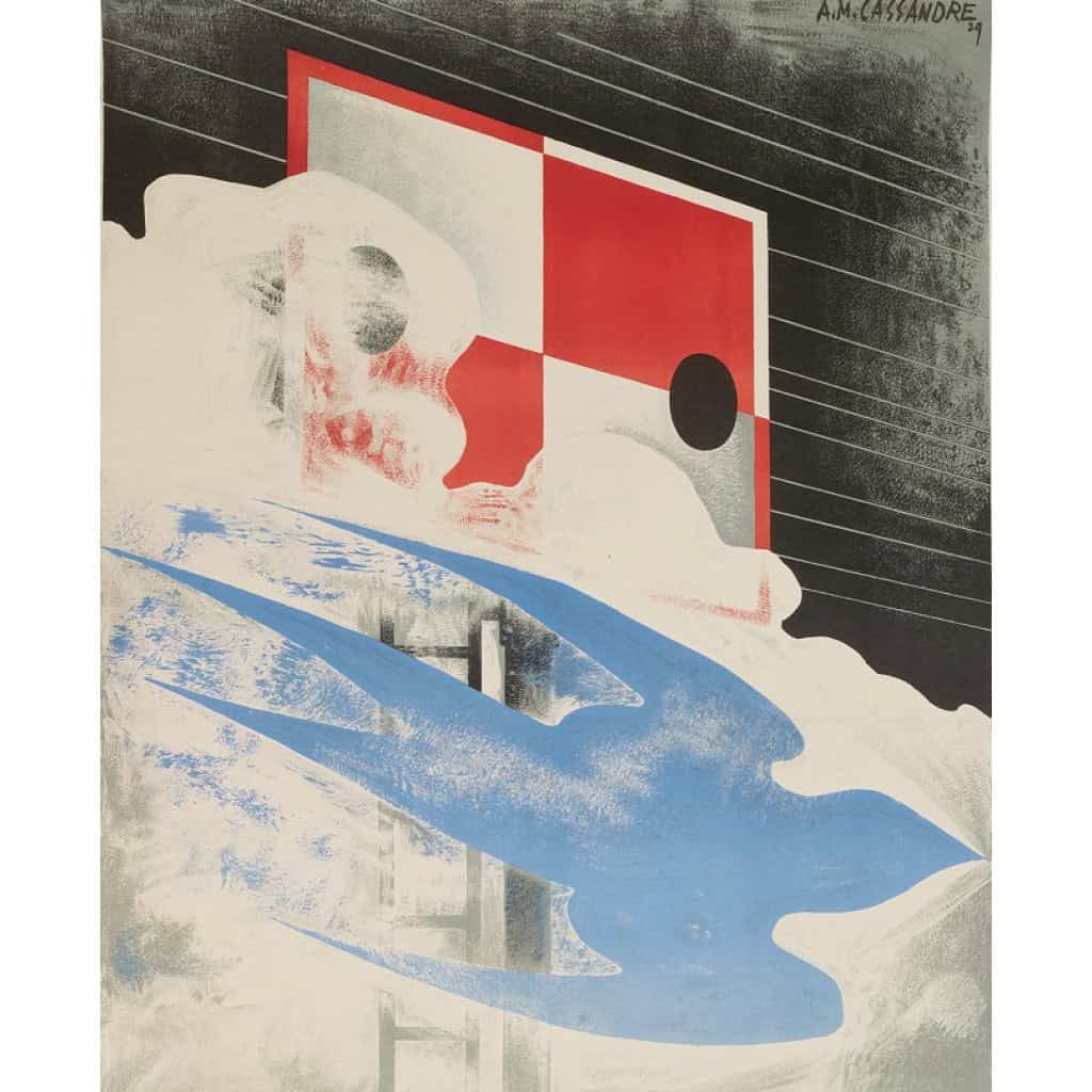 Affiche Art Déco Originale, Adolphe Mouron Cassandre, Oiseau Bleu, Train Pullman, Chemins de Fer du Nord, Wagon-Lits, Transport, Voyage, Tourisme, Vitesse, Vapeur, Anvers, Bruxelles, Paris, 1929 4