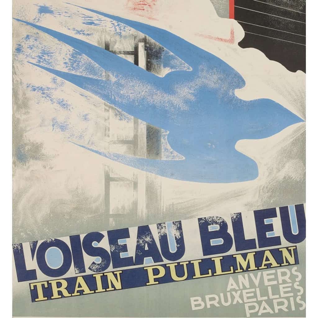 Affiche Art Déco Originale, Adolphe Mouron Cassandre, Oiseau Bleu, Train Pullman, Chemins de Fer du Nord, Wagon-Lits, Transport, Voyage, Tourisme, Vitesse, Vapeur, Anvers, Bruxelles, Paris, 1929 6