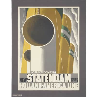 Affiche Art Déco Originale, Adolphe Mouron Cassandre, Statendam, Holland-America Line, Transport, Voyage, Tourisme, Maritime, Navigation, Paquebot, Navire, Bateau, Croisière, Confort, Cheminée, Tuyau, Fumée, 1929