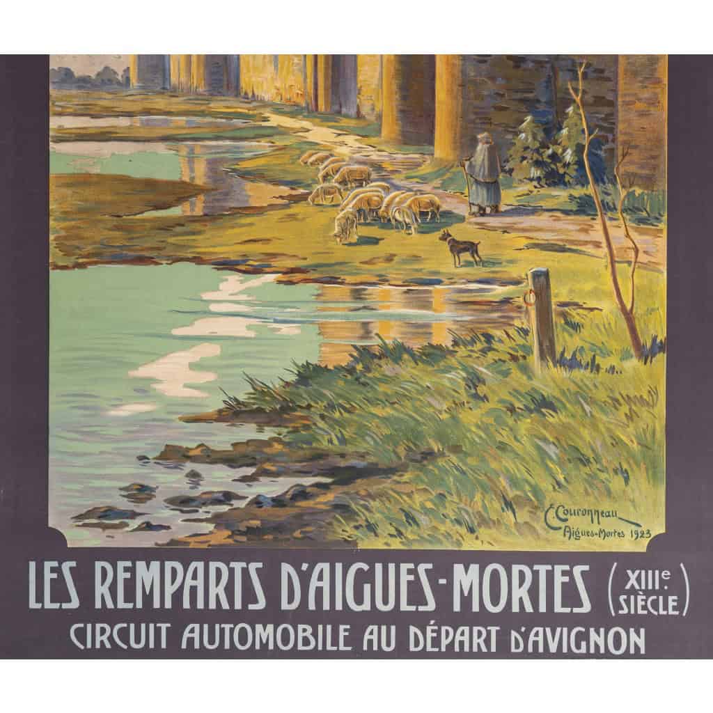 Affiche Tourisme Originale, Ernest Couronneau, Les Remparts d’Aigues-Mortes, Circuit Automobile, PLM, Chemins de Fer, Avignon, Train, Berger, Moutons, Château Médiéval, 1923 5