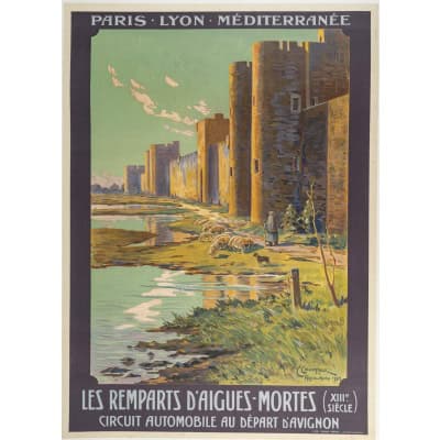 Affiche Tourisme Originale, Ernest Couronneau, Les Remparts d’Aigues-Mortes, Circuit Automobile, PLM, Chemins de Fer, Avignon, Train, Berger, Moutons, Château Médiéval, 1923
