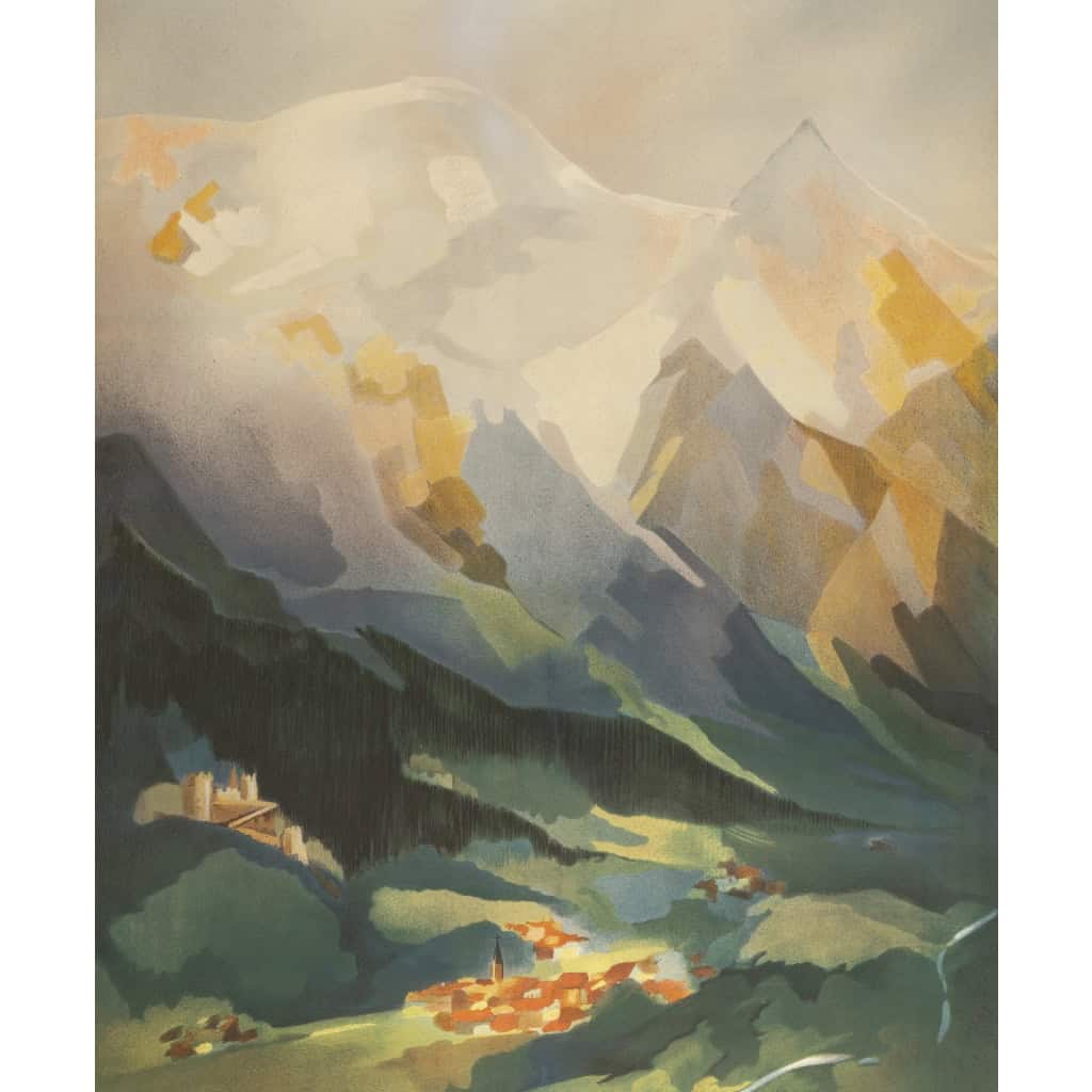 Affiche Tourisme Originale, Jean Hornung, Stations d’Altitudes, Alpes, Monts-Jura, Auvergne, Cévennes, PLM, Chemins de Fer, Transport, Voyage, Montagne, Sommet, Vallée, Alpin, Village, Train, 1932 4