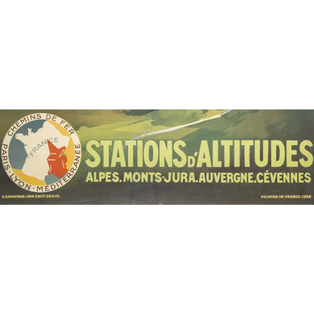 Affiche Tourisme Originale, Jean Hornung, Stations d’Altitudes, Alpes, Monts-Jura, Auvergne, Cévennes, PLM, Chemins de Fer, Transport, Voyage, Montagne, Sommet, Vallée, Alpin, Village, Train, 1932 5