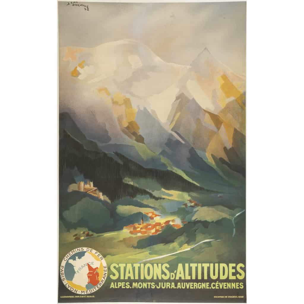 Affiche Tourisme Originale, Jean Hornung, Stations d’Altitudes, Alpes, Monts-Jura, Auvergne, Cévennes, PLM, Chemins de Fer, Transport, Voyage, Montagne, Sommet, Vallée, Alpin, Village, Train, 1932 3