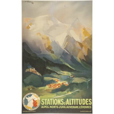 Affiche Tourisme Originale, Jean Hornung, Stations d’Altitudes, Alpes, Monts-Jura, Auvergne, Cévennes, PLM, Chemins de Fer, Transport, Voyage, Montagne, Sommet, Vallée, Alpin, Village, Train, 1932