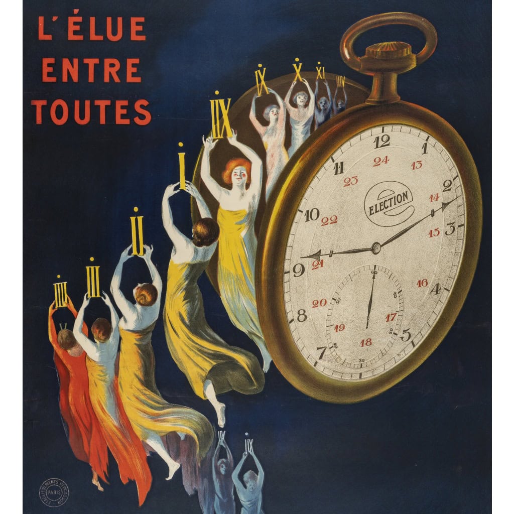 Affiche Originale, Leonetto Cappiello, Montre Élection, Horlogerie, Horloger, Gousset, Chronomètre, Cadran, Aiguille, Heure, Minute, Chiffres Romains, Femme, 1922 5