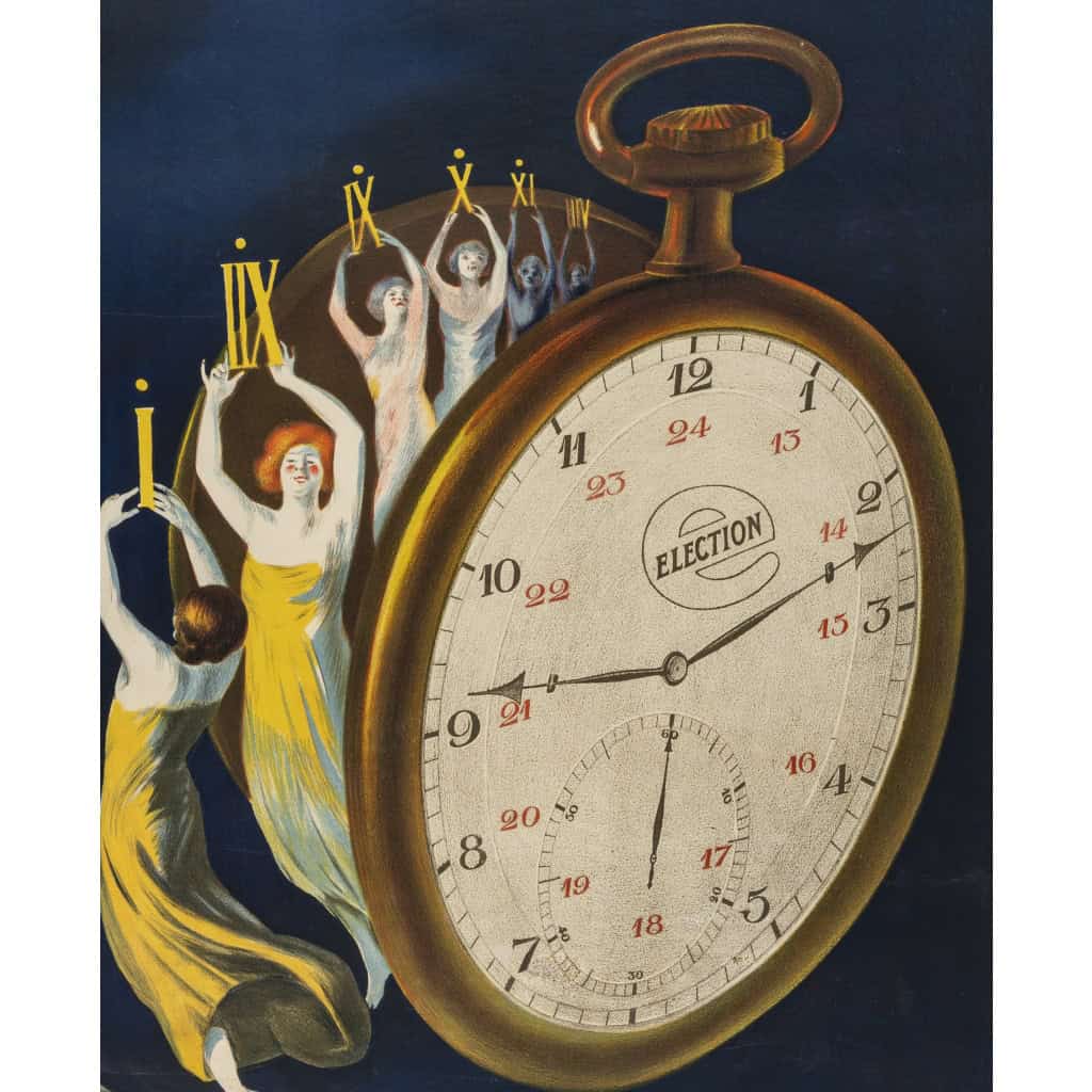 Affiche Originale, Leonetto Cappiello, Montre Élection, Horlogerie, Horloger, Gousset, Chronomètre, Cadran, Aiguille, Heure, Minute, Chiffres Romains, Femme, 1922 6