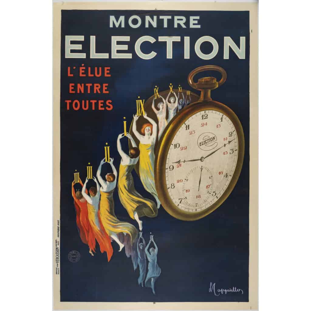 Affiche Originale, Leonetto Cappiello, Montre Élection, Horlogerie, Horloger, Gousset, Chronomètre, Cadran, Aiguille, Heure, Minute, Chiffres Romains, Femme, 1922 3