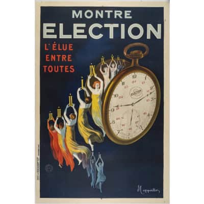 Affiche Originale, Leonetto Cappiello, Montre Élection, Horlogerie, Horloger, Gousset, Chronomètre, Cadran, Aiguille, Heure, Minute, Chiffres Romains, Femme, 1922