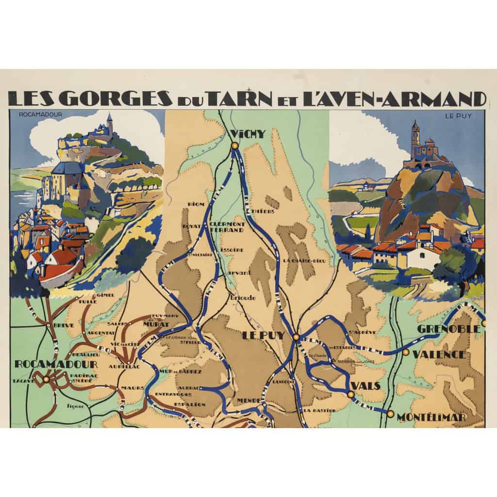 Affiche Tourisme Originale, Maurice Barbey, Les Gorges du Tarn et l’Aven-Armand, PLM, Chemins de Fer, Transport, Voyage, Trains, Autocars, Carte, Plan, Lignes, Réseau Ferroviaire, Rocamadour, Le Puy, Carcassonne, Millau, 1927 4