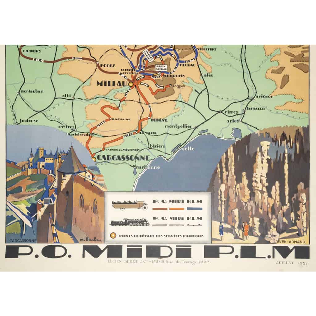 Affiche Tourisme Originale, Maurice Barbey, Les Gorges du Tarn et l’Aven-Armand, PLM, Chemins de Fer, Transport, Voyage, Trains, Autocars, Carte, Plan, Lignes, Réseau Ferroviaire, Rocamadour, Le Puy, Carcassonne, Millau, 1927 6