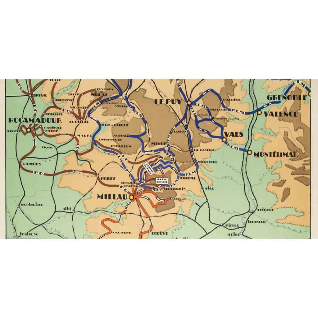 Affiche Tourisme Originale, Maurice Barbey, Les Gorges du Tarn et l’Aven-Armand, PLM, Chemins de Fer, Transport, Voyage, Trains, Autocars, Carte, Plan, Lignes, Réseau Ferroviaire, Rocamadour, Le Puy, Carcassonne, Millau, 1927 5