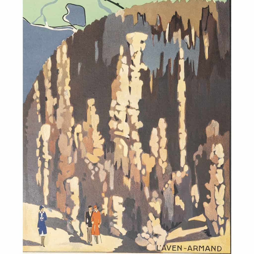 Affiche Tourisme Originale, Maurice Barbey, Les Gorges du Tarn et l’Aven-Armand, PLM, Chemins de Fer, Transport, Voyage, Trains, Autocars, Carte, Plan, Lignes, Réseau Ferroviaire, Rocamadour, Le Puy, Carcassonne, Millau, 1927 9
