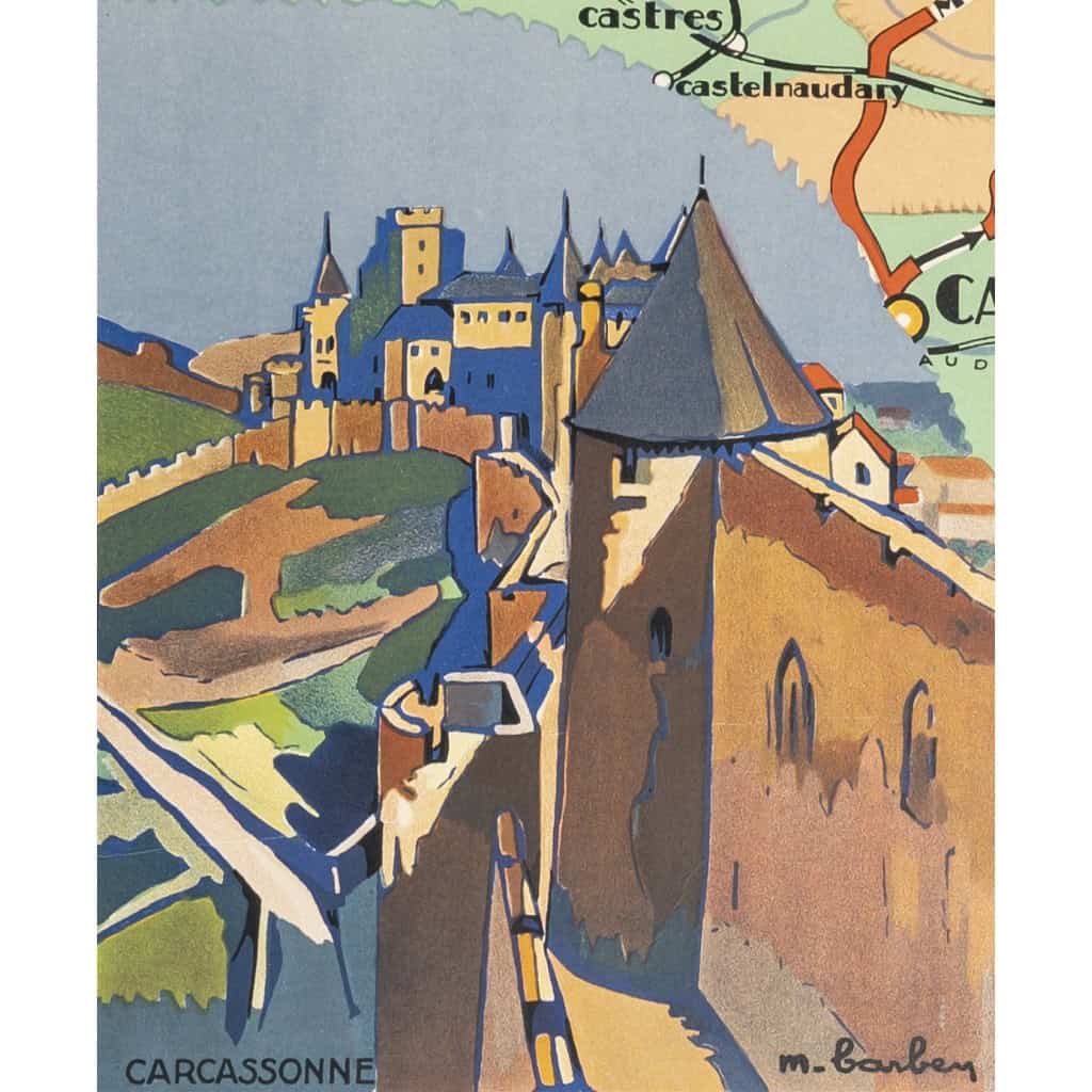 Affiche Tourisme Originale, Maurice Barbey, Les Gorges du Tarn et l’Aven-Armand, PLM, Chemins de Fer, Transport, Voyage, Trains, Autocars, Carte, Plan, Lignes, Réseau Ferroviaire, Rocamadour, Le Puy, Carcassonne, Millau, 1927 10