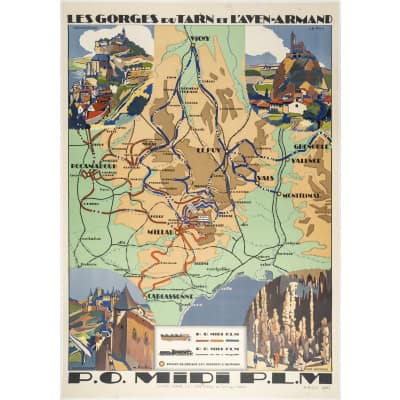 Affiche Tourisme Originale, Maurice Barbey, Les Gorges du Tarn et l’Aven-Armand, PLM, Chemins de Fer, Transport, Voyage, Trains, Autocars, Carte, Plan, Lignes, Réseau Ferroviaire, Rocamadour, Le Puy, Carcassonne, Millau, 1927