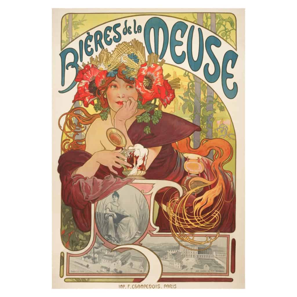 Affiche Art Nouveau Originale, Alphonse Mucha, Bières de la Meuse, Alcool, Boisson, Brasserie, Brasseur, Femme, Cheveux, Chevelure, Chope, Pinte, Mousse, Malt, Orge, Houblon, Blé, Fleurs, Pavot, Coquelicot, Allégorie, Déesse, Bar-le-Duc, Belle Epoque, 1897 3