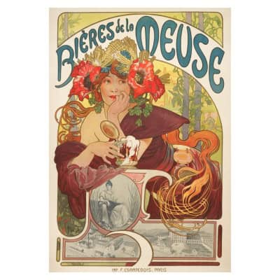 Affiche Art Nouveau Originale, Alphonse Mucha, Bières de la Meuse, Alcool, Boisson, Brasserie, Brasseur, Femme, Cheveux, Chevelure, Chope, Pinte, Mousse, Malt, Orge, Houblon, Blé, Fleurs, Pavot, Coquelicot, Allégorie, Déesse, Bar-le-Duc, Belle Epoque, 1897