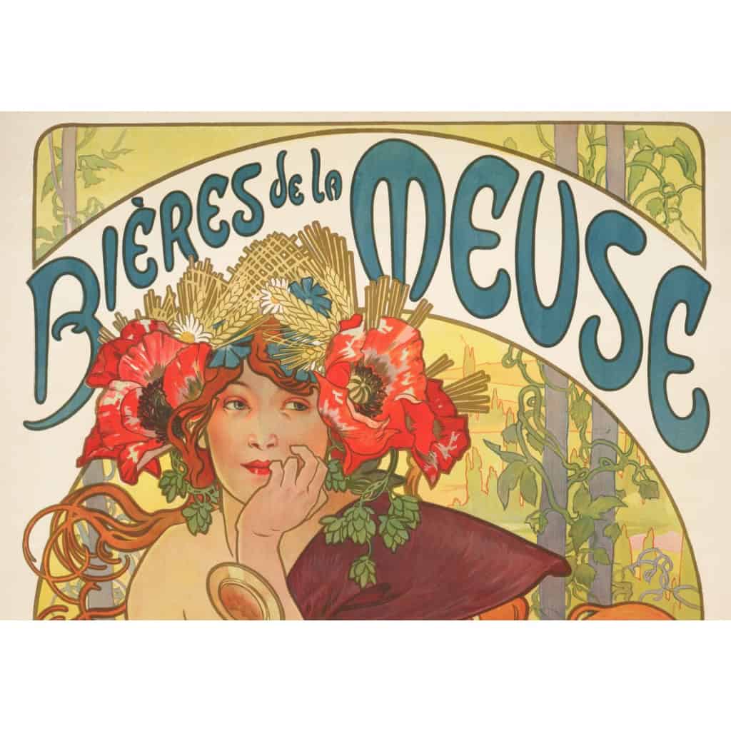 Affiche Art Nouveau Originale, Alphonse Mucha, Bières de la Meuse, Alcool, Boisson, Brasserie, Brasseur, Femme, Cheveux, Chevelure, Chope, Pinte, Mousse, Malt, Orge, Houblon, Blé, Fleurs, Pavot, Coquelicot, Allégorie, Déesse, Bar-le-Duc, Belle Epoque, 1897 4