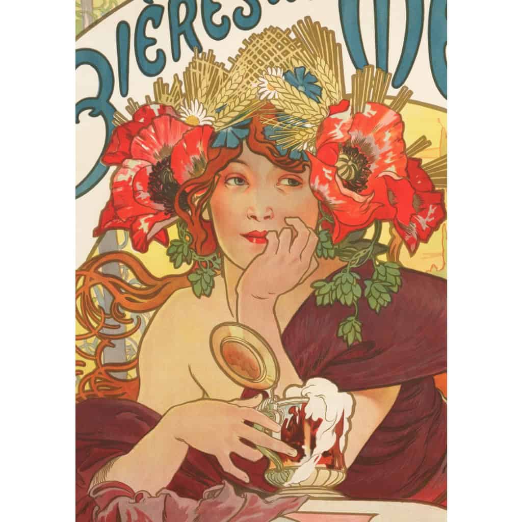 Affiche Art Nouveau Originale, Alphonse Mucha, Bières de la Meuse, Alcool, Boisson, Brasserie, Brasseur, Femme, Cheveux, Chevelure, Chope, Pinte, Mousse, Malt, Orge, Houblon, Blé, Fleurs, Pavot, Coquelicot, Allégorie, Déesse, Bar-le-Duc, Belle Epoque, 1897 5