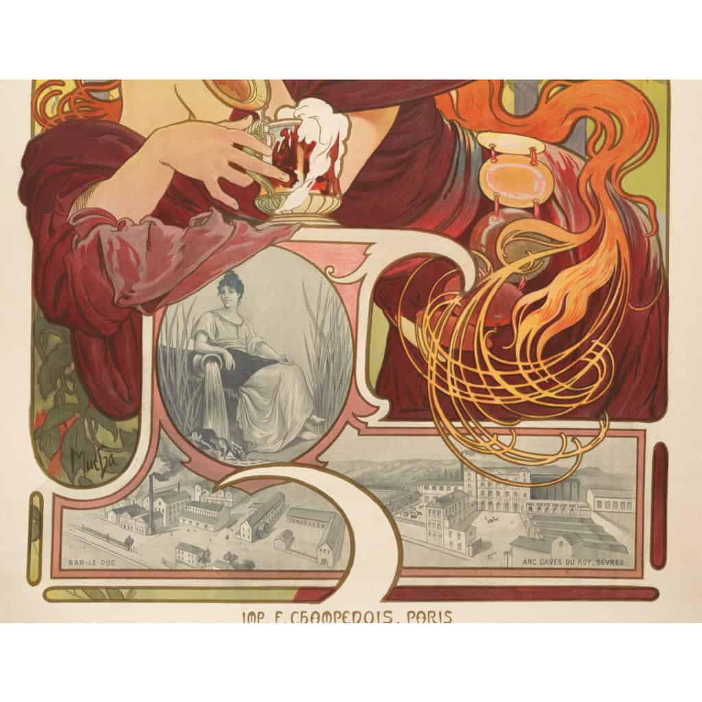 Affiche Art Nouveau Originale, Alphonse Mucha, Bières de la Meuse, Alcool, Boisson, Brasserie, Brasseur, Femme, Cheveux, Chevelure, Chope, Pinte, Mousse, Malt, Orge, Houblon, Blé, Fleurs, Pavot, Coquelicot, Allégorie, Déesse, Bar-le-Duc, Belle Epoque, 1897 6