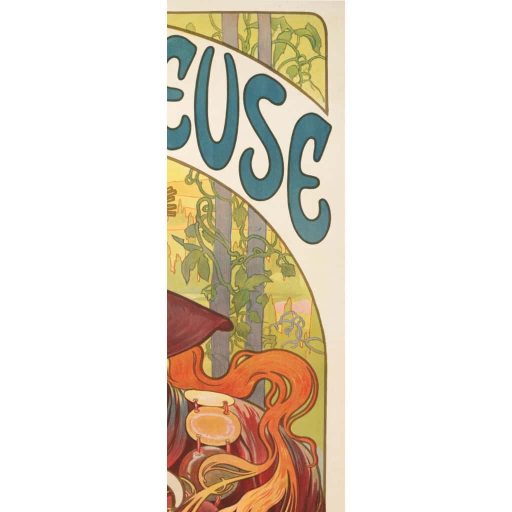 Affiche Art Nouveau Originale, Alphonse Mucha, Bières de la Meuse, Alcool, Boisson, Brasserie, Brasseur, Femme, Cheveux, Chevelure, Chope, Pinte, Mousse, Malt, Orge, Houblon, Blé, Fleurs, Pavot, Coquelicot, Allégorie, Déesse, Bar-le-Duc, Belle Epoque, 1897 7