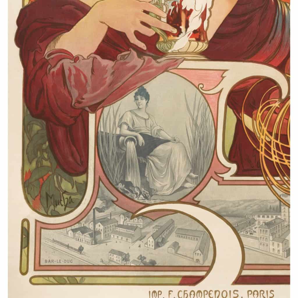 Affiche Art Nouveau Originale, Alphonse Mucha, Bières de la Meuse, Alcool, Boisson, Brasserie, Brasseur, Femme, Cheveux, Chevelure, Chope, Pinte, Mousse, Malt, Orge, Houblon, Blé, Fleurs, Pavot, Coquelicot, Allégorie, Déesse, Bar-le-Duc, Belle Epoque, 1897 8