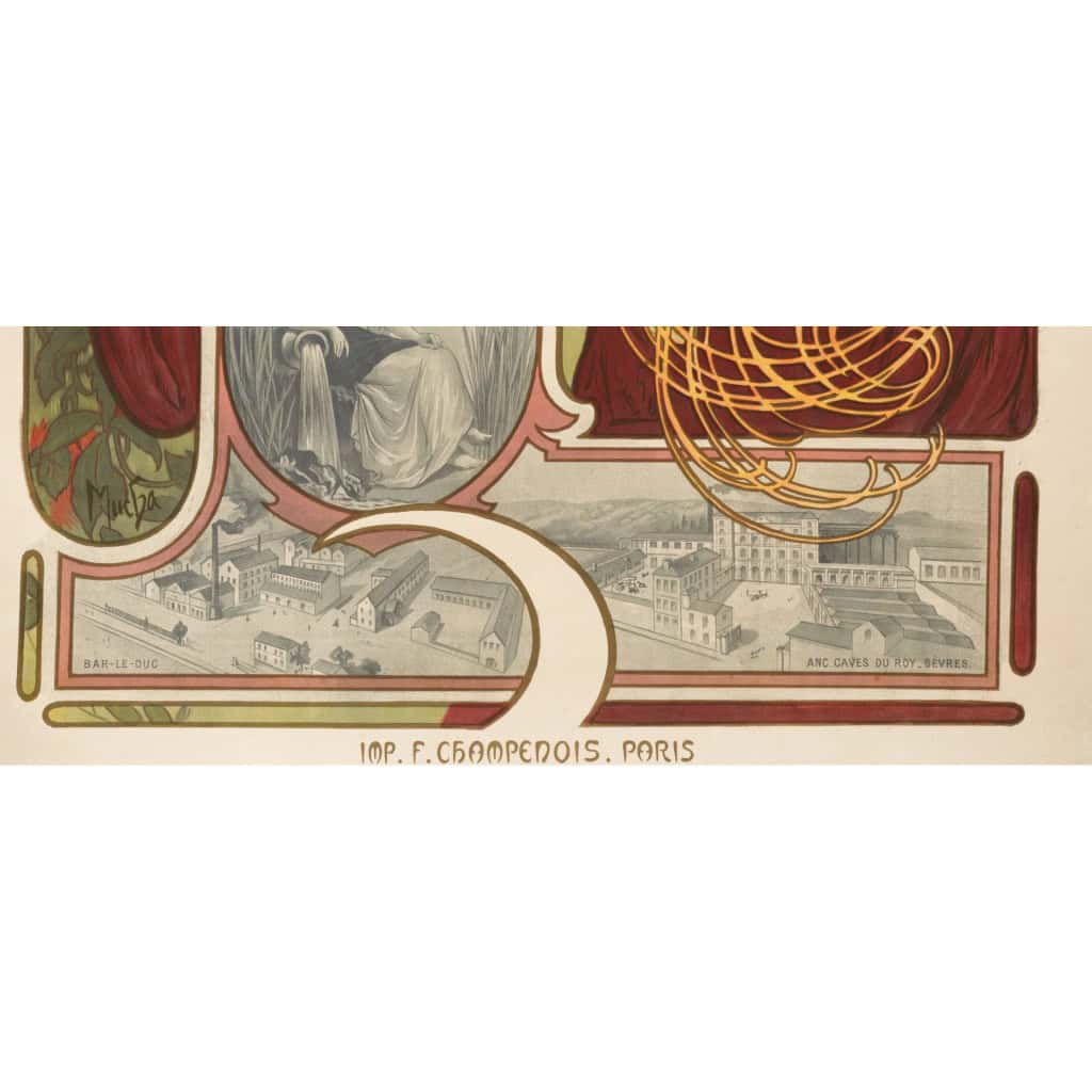 Affiche Art Nouveau Originale, Alphonse Mucha, Bières de la Meuse, Alcool, Boisson, Brasserie, Brasseur, Femme, Cheveux, Chevelure, Chope, Pinte, Mousse, Malt, Orge, Houblon, Blé, Fleurs, Pavot, Coquelicot, Allégorie, Déesse, Bar-le-Duc, Belle Epoque, 1897 9
