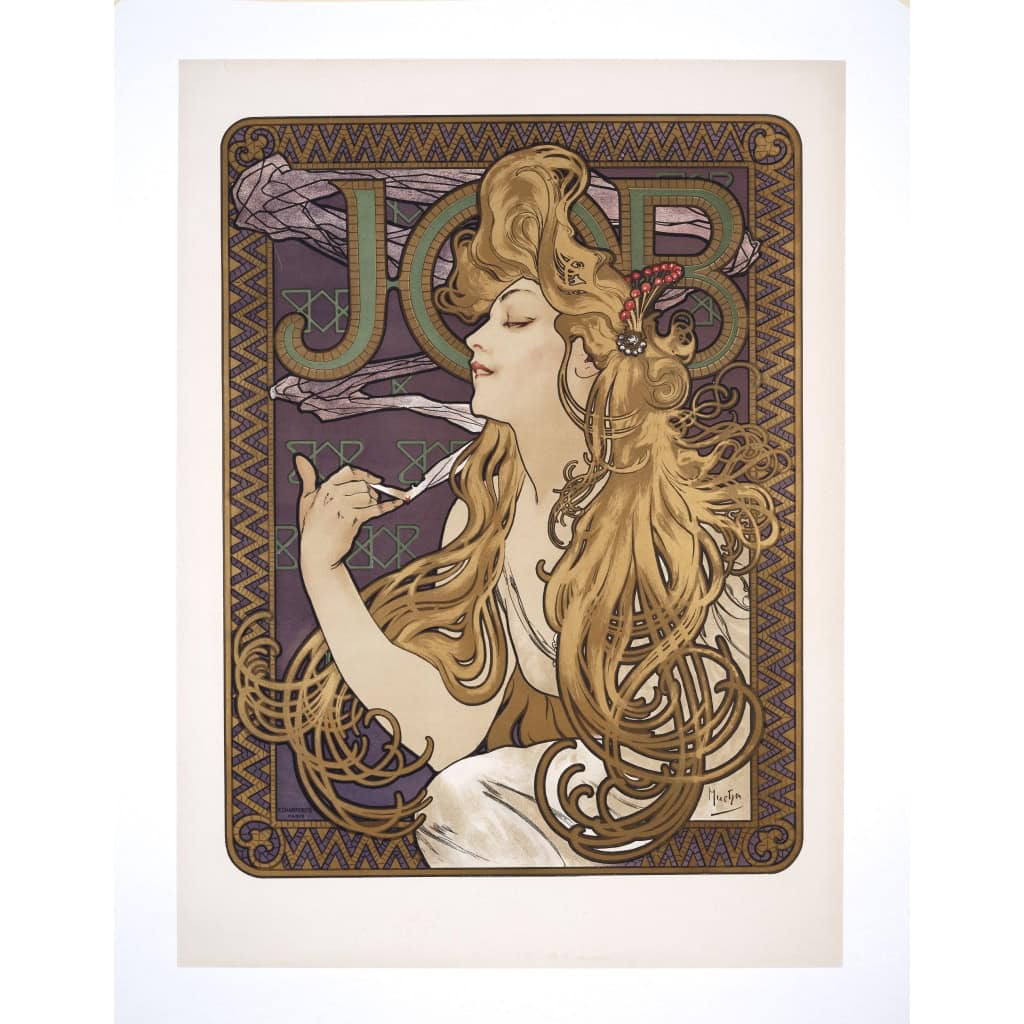 Affiche Art Nouveau, Alphonse Mucha, JOB, Femme, Cheveux, Chevelure, Cigarette, Tabac, Fumeur, Fumée, Cendre, Allégorie, Belle Epoque, 1896 3