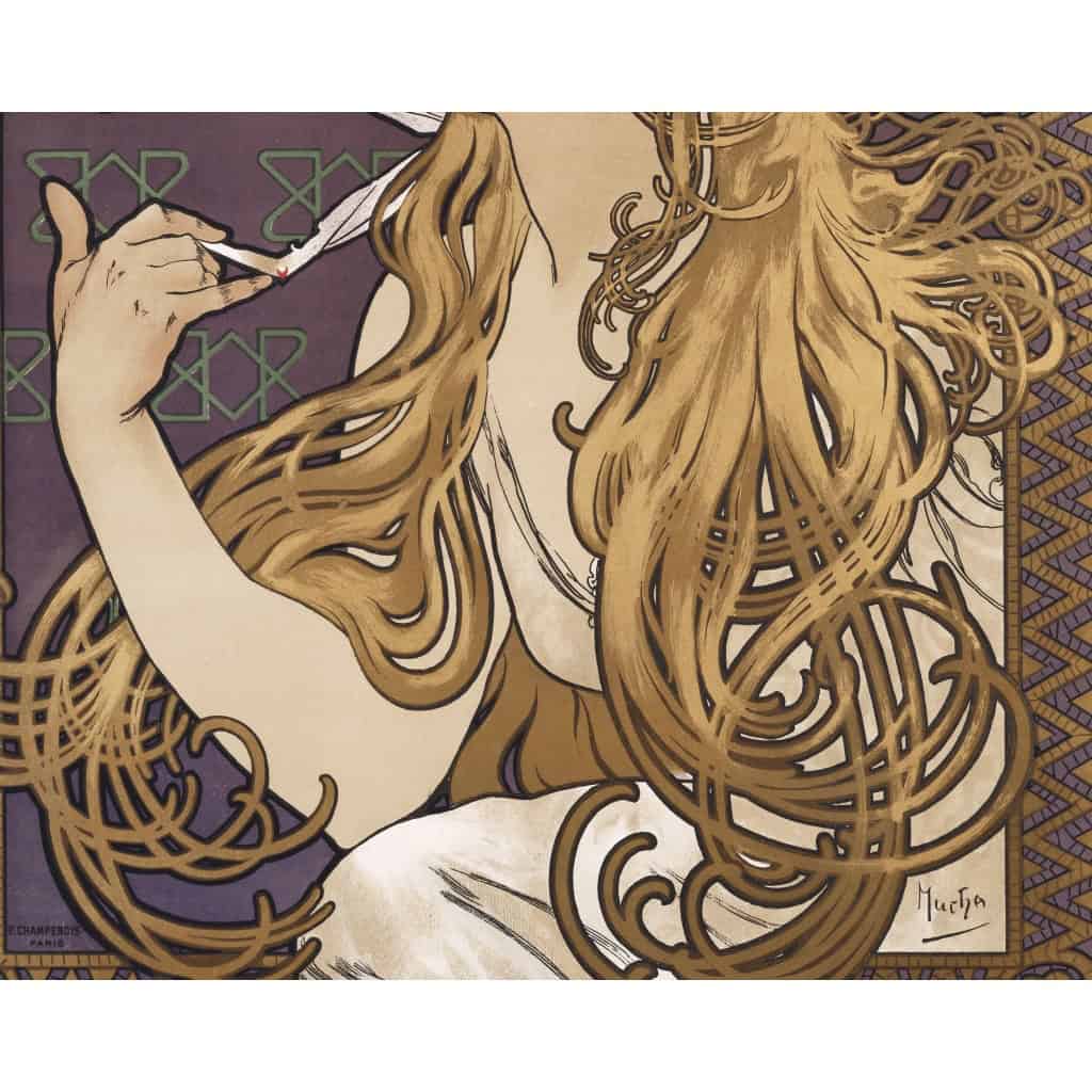 Affiche Art Nouveau, Alphonse Mucha, JOB, Femme, Cheveux, Chevelure, Cigarette, Tabac, Fumeur, Fumée, Cendre, Allégorie, Belle Epoque, 1896 7