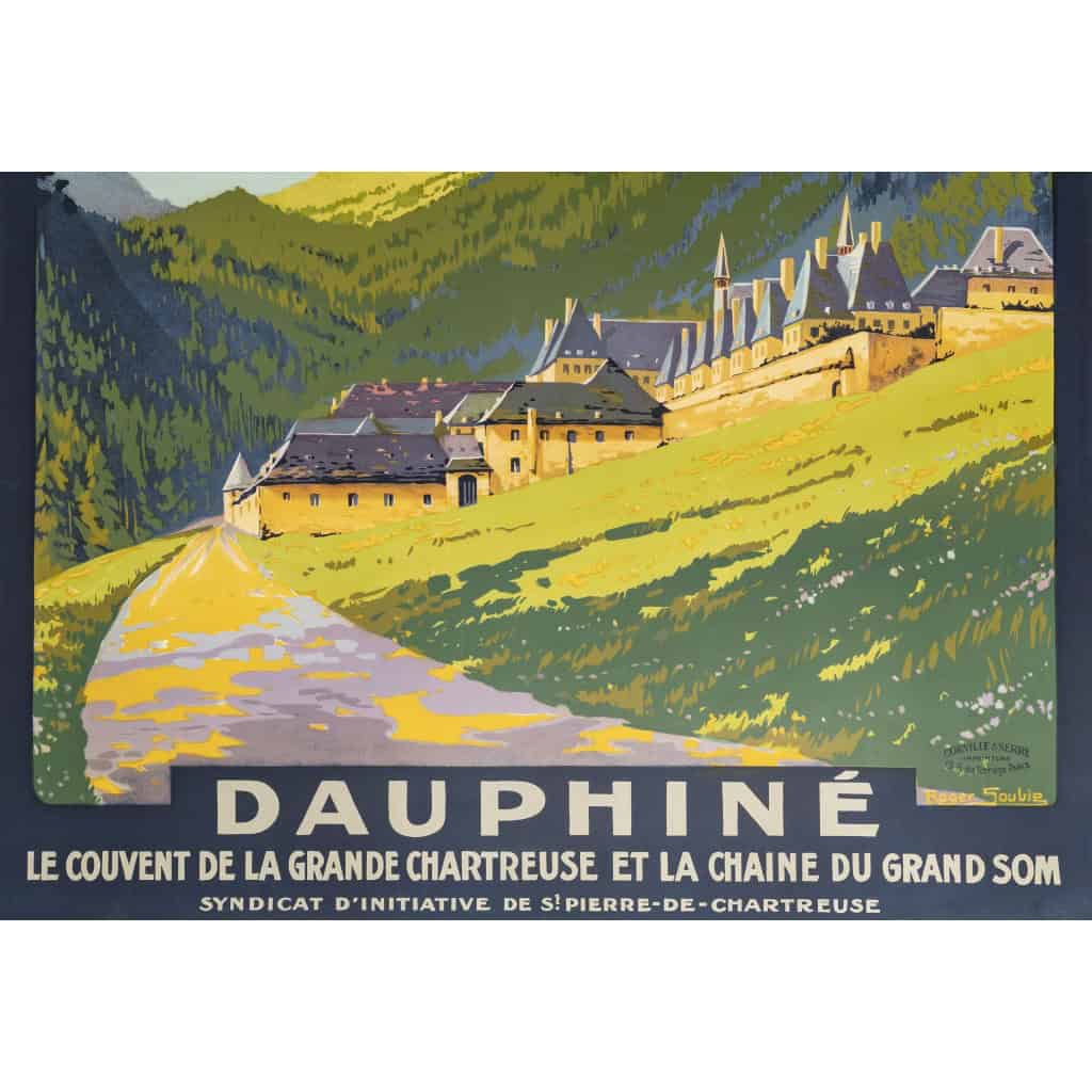 Affiche Tourisme Originale, Roger Soubie, Dauphiné, PLM, Chemins de Fer, St Pierre de Chartreuse, Couvent de la Grande Chartreuse, Grand Som, Montagne, Vallée, Paysage, Alpin, Transport, Voyage, Train, Monastère, c.1920 5